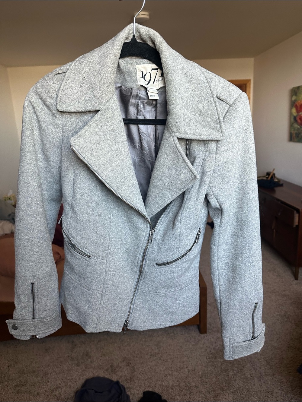Light Gray Wool-Blend Pea Coat with Zip Details